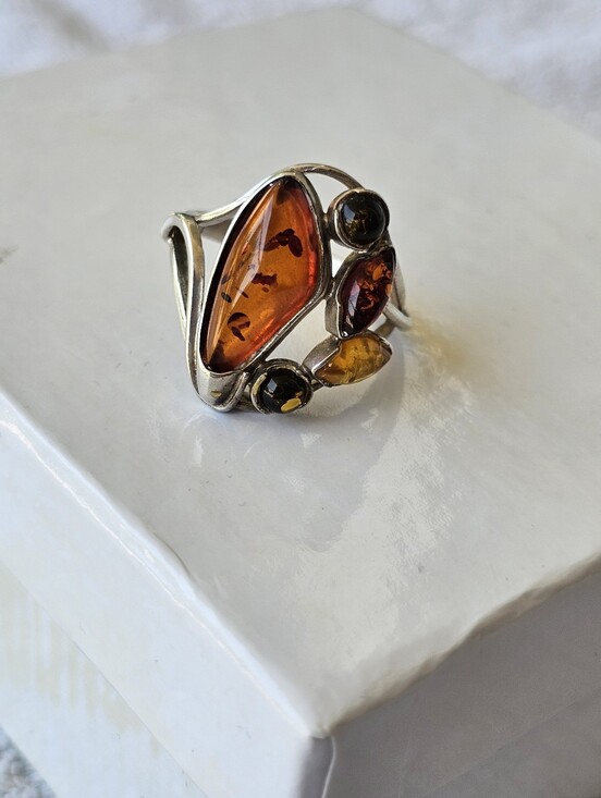 Jewelry - Silver Amber Multi-Stone Statement Ring - Amber Orange Size 9